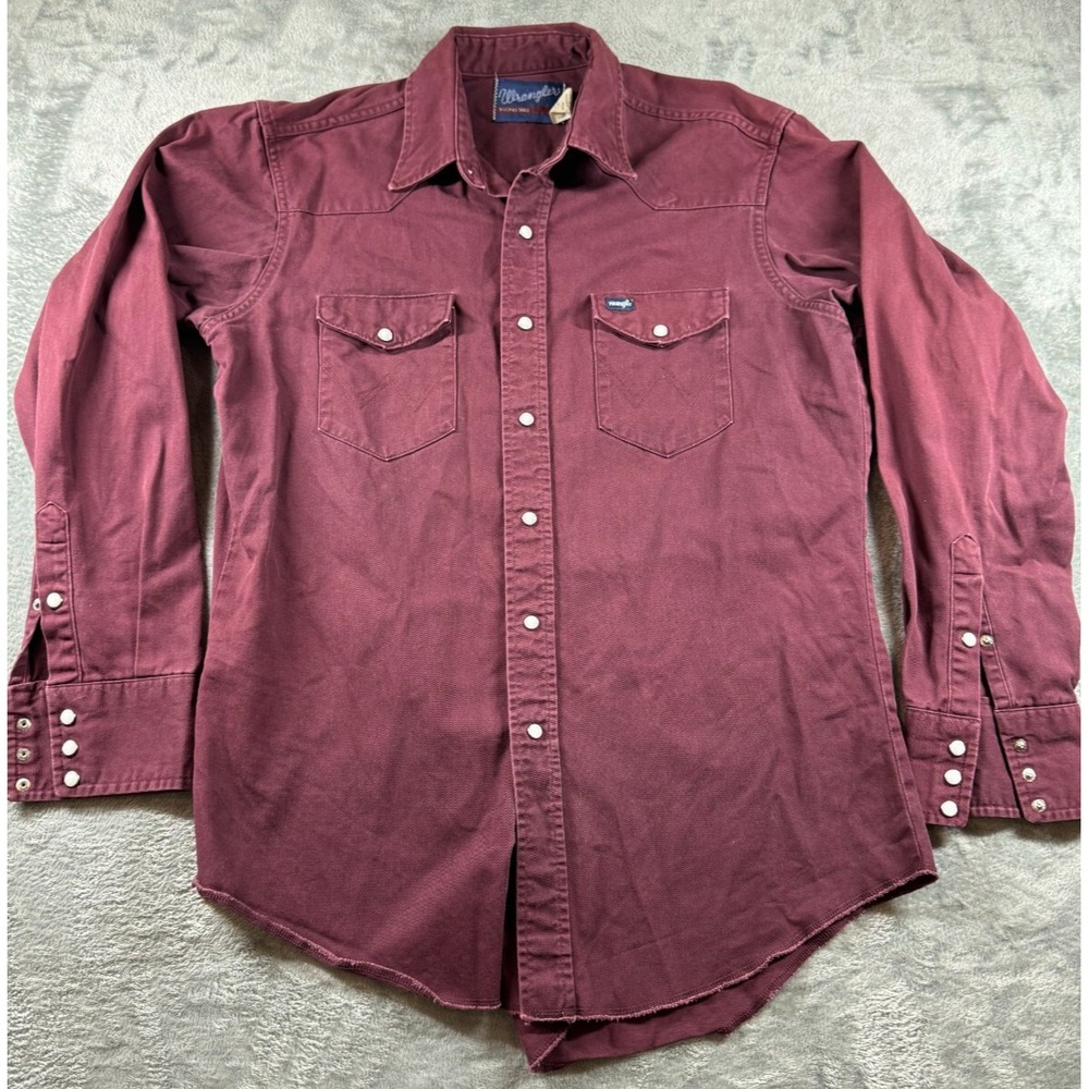 Vtg Wrangler Brushpopper Shirt 6.5/35 Pearl Snap Western Cowboy Maroon Made USA